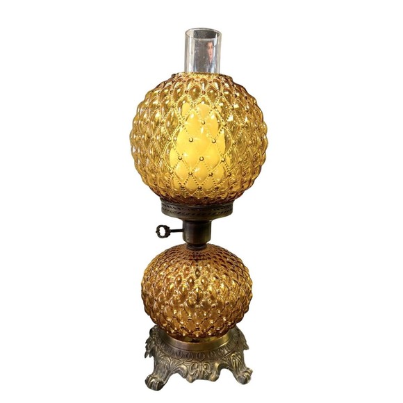 Rare Vintage 19"h Double Ball Globe Amber Quilted Glass Parlor Ball Lamp - Picture 1 of 9
